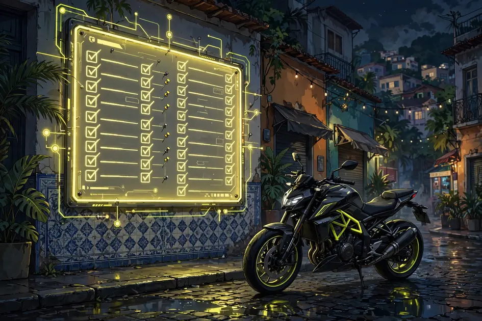 Motorcycle in front of a glowing mission board at night