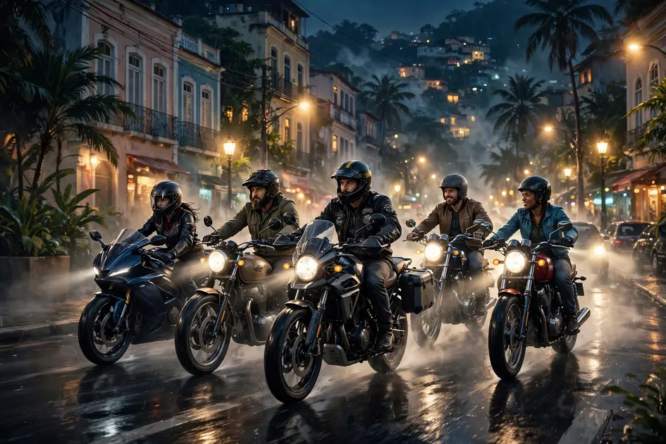 A biker crew riding together through the city at night