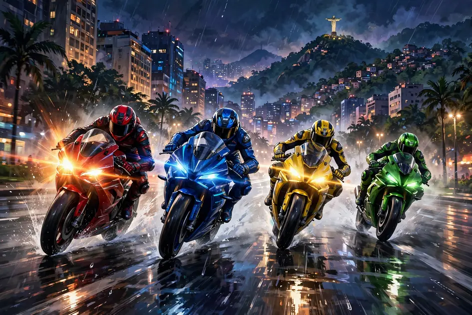 Four riders racing side by side at night