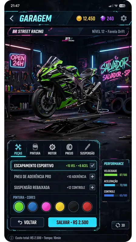 Projeto Grau 2 garage: motorcycle customization screen
