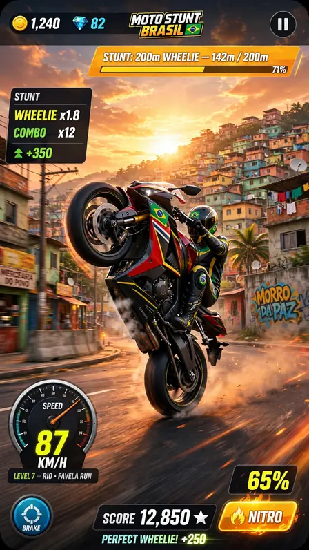 Projeto Grau 2 gameplay: motorcycle holding a wheelie through downtown traffic